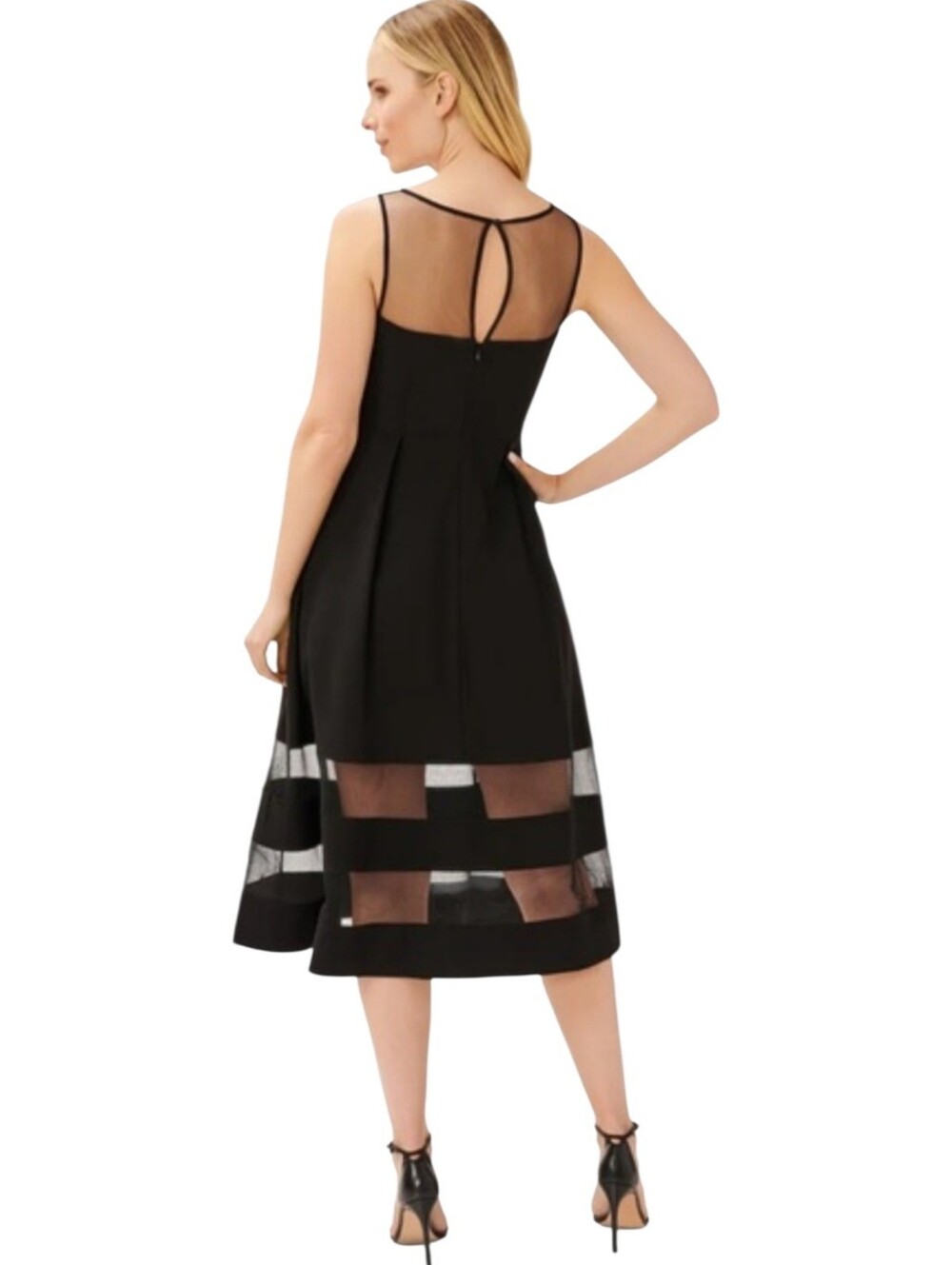 Adrianna Papell Black Sheer Shoulder Midi Cocktail Dress Size 10 - Picture 2 of 7